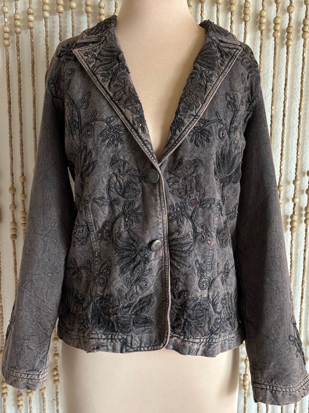 Vintage 90s Embroidered Brown Beaded Whimsygoth Boho Fairy Button Blazer Jacket